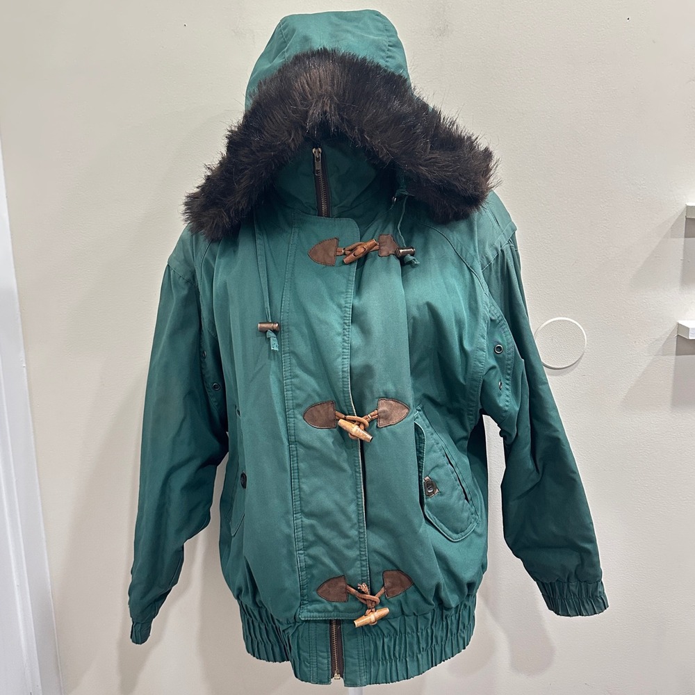 Y2K 90s London Fog Green Thinsulate Bomber Jacket Faux Fur Hood Toggle Womens M